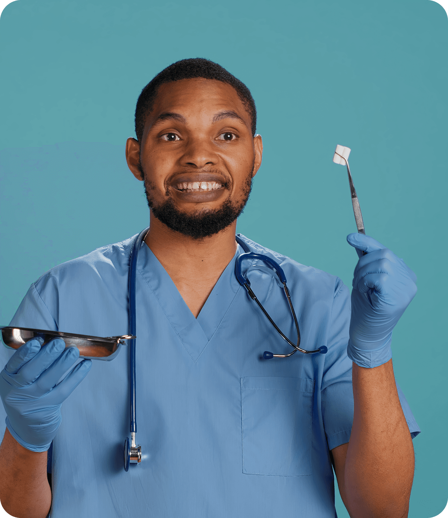 Dental professional holding instruments